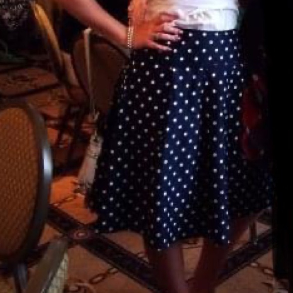 Midi length navy & white polka dot skirt